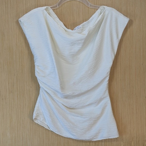 Mango Tops - Mango Cream Drape Neck Short Sleeve Blouse